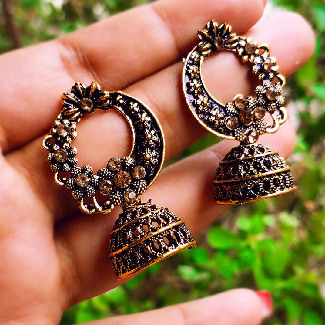 Floral Half circle Golden Stone Jhumka