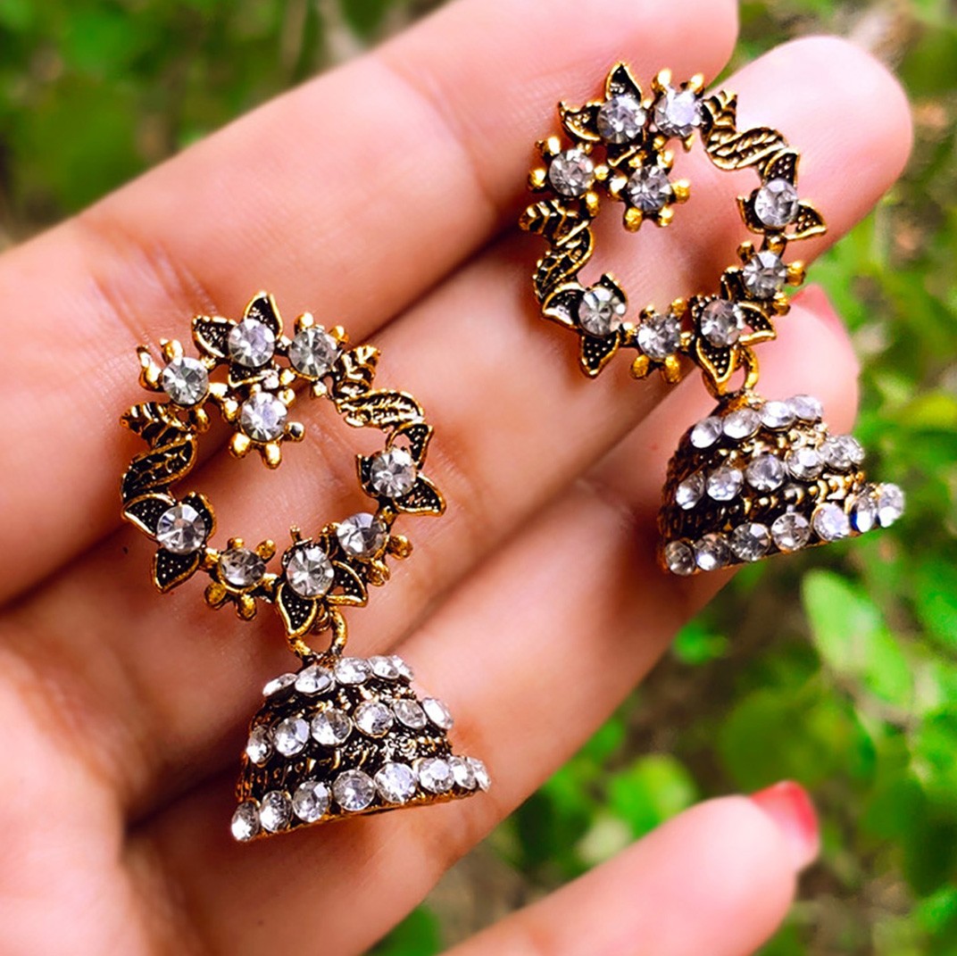 Oxidised Golden Stone Round Jhumka