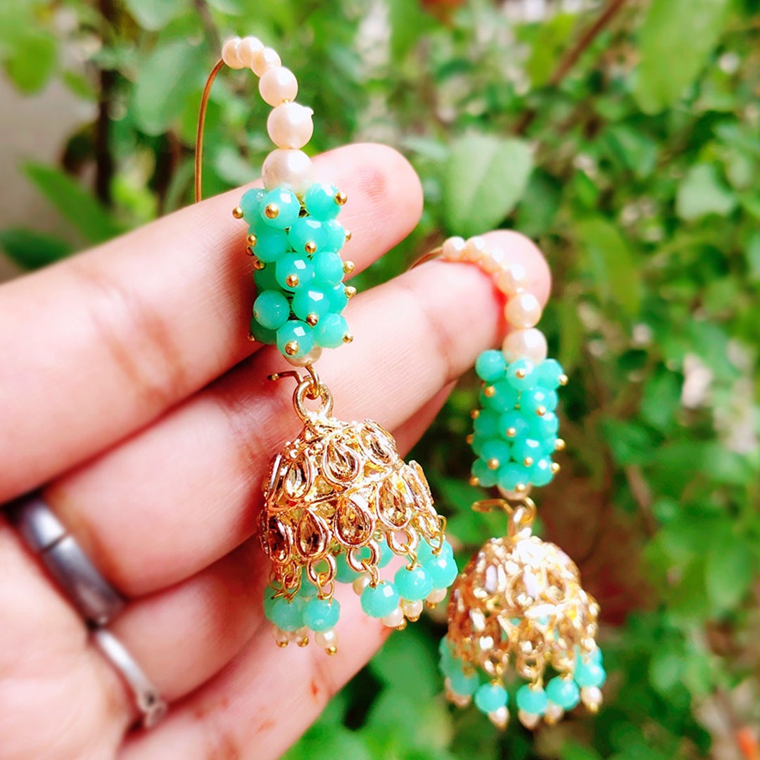 Gold Plated Stone Studded Hook Jhumka Earrings