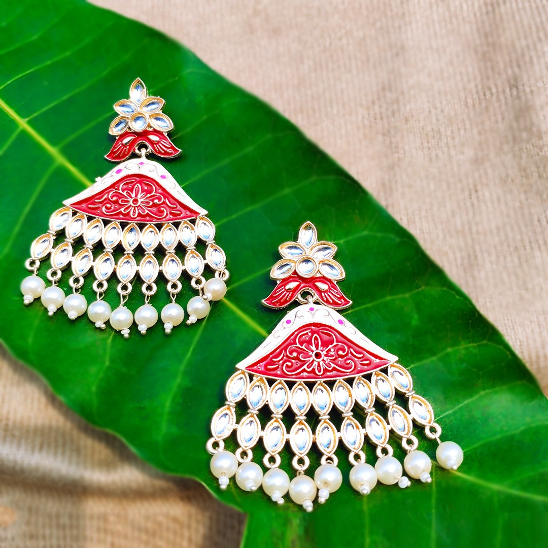 Hand Painted Kundan pearl Chandbali Earrings