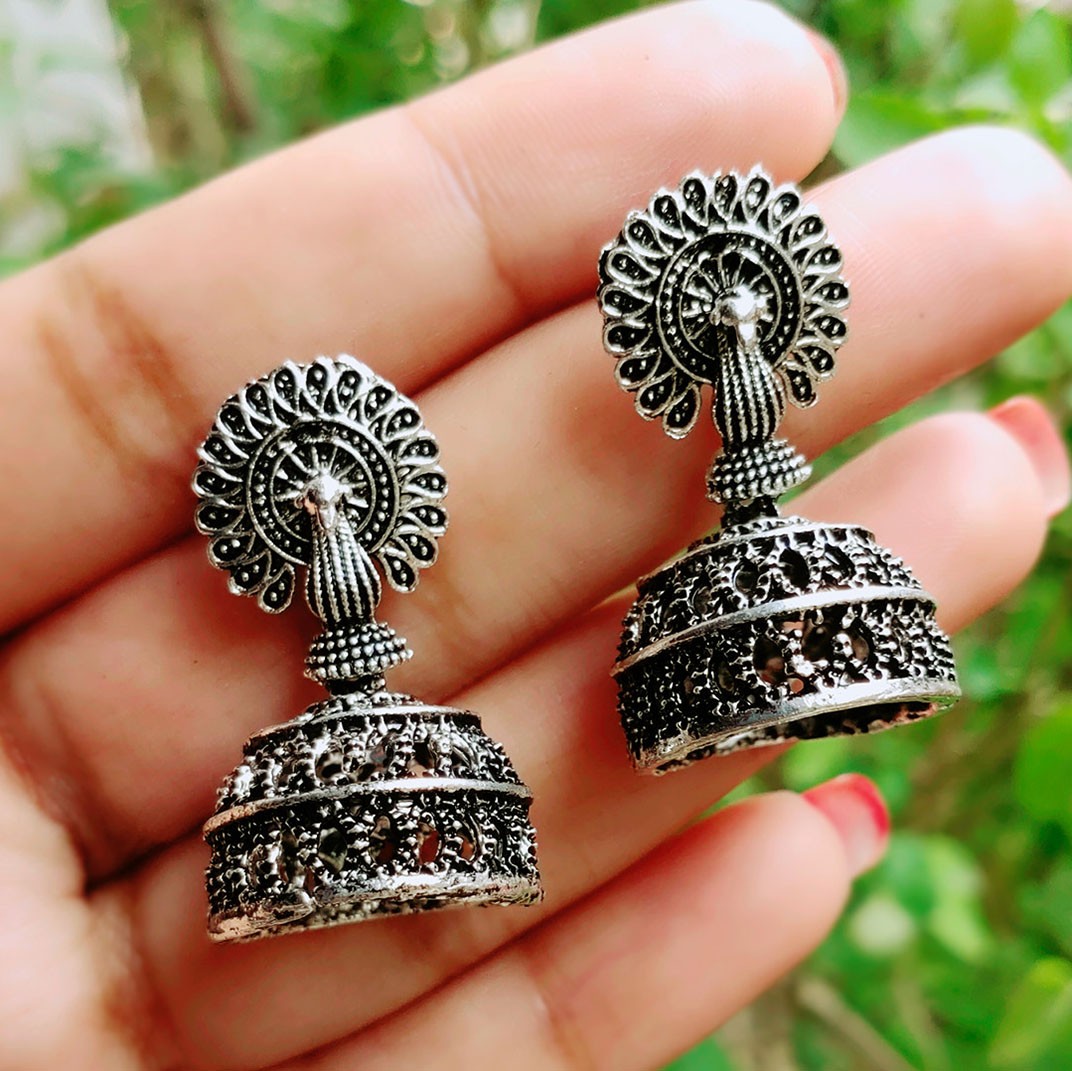Peacock face heay style silver jhumka