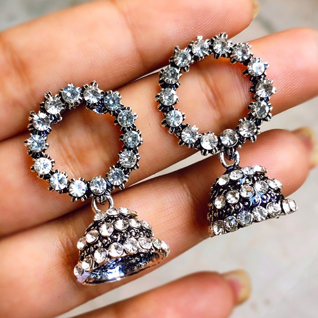 Circle oxidised plated stone jhumka