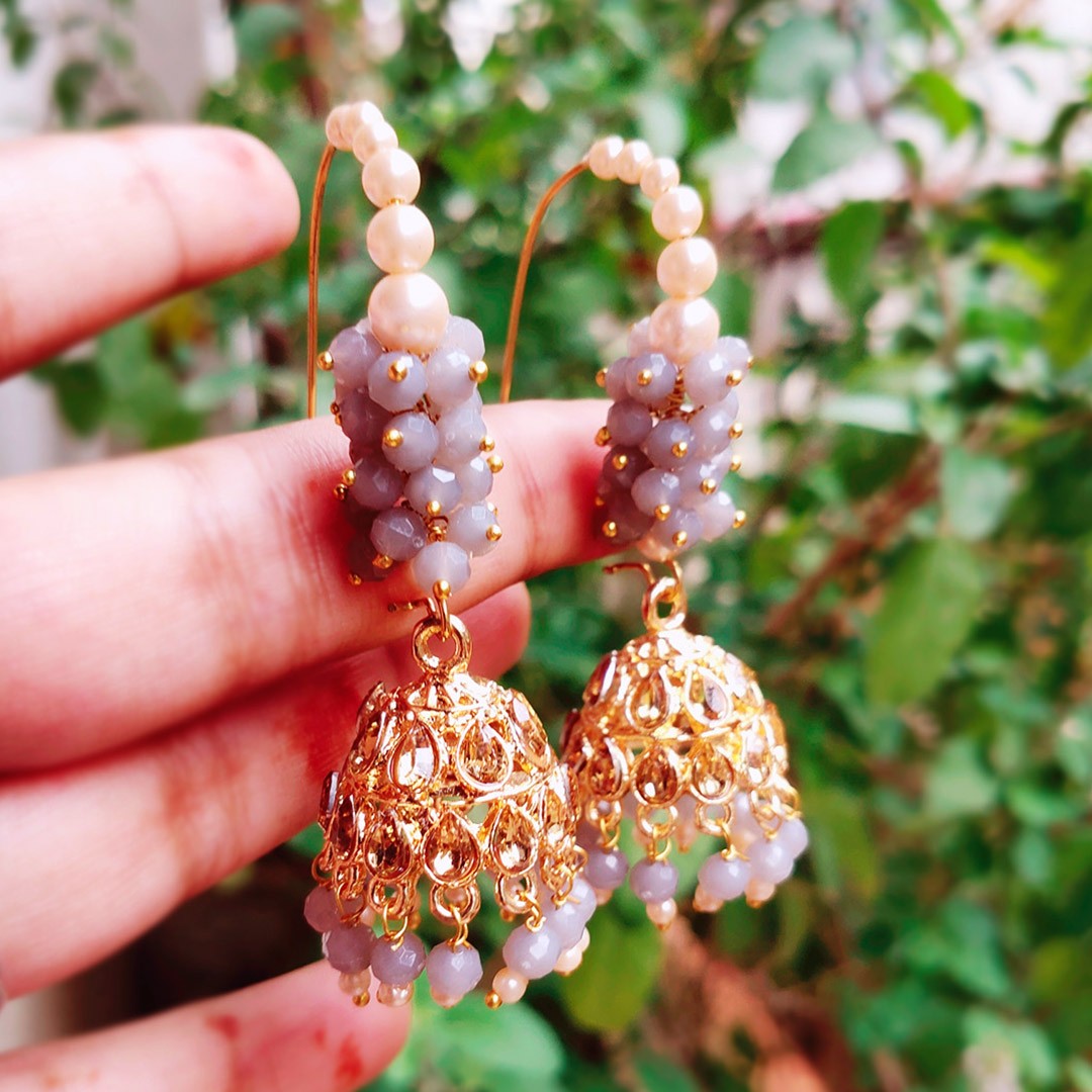 Gold Plated Stone Studded Hook Jhumka Earrings