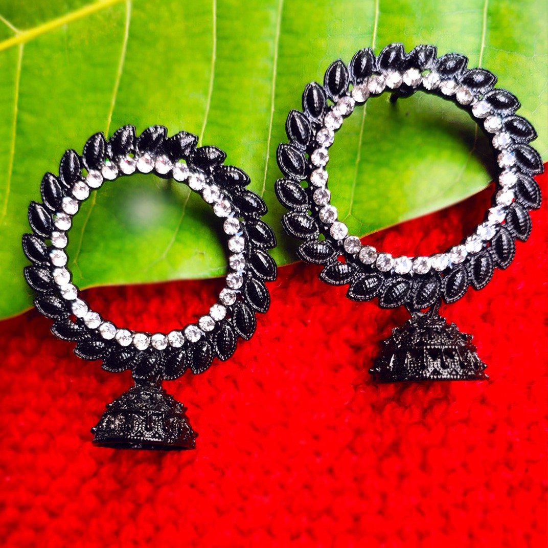 circle oxidised black plated stone jhumka